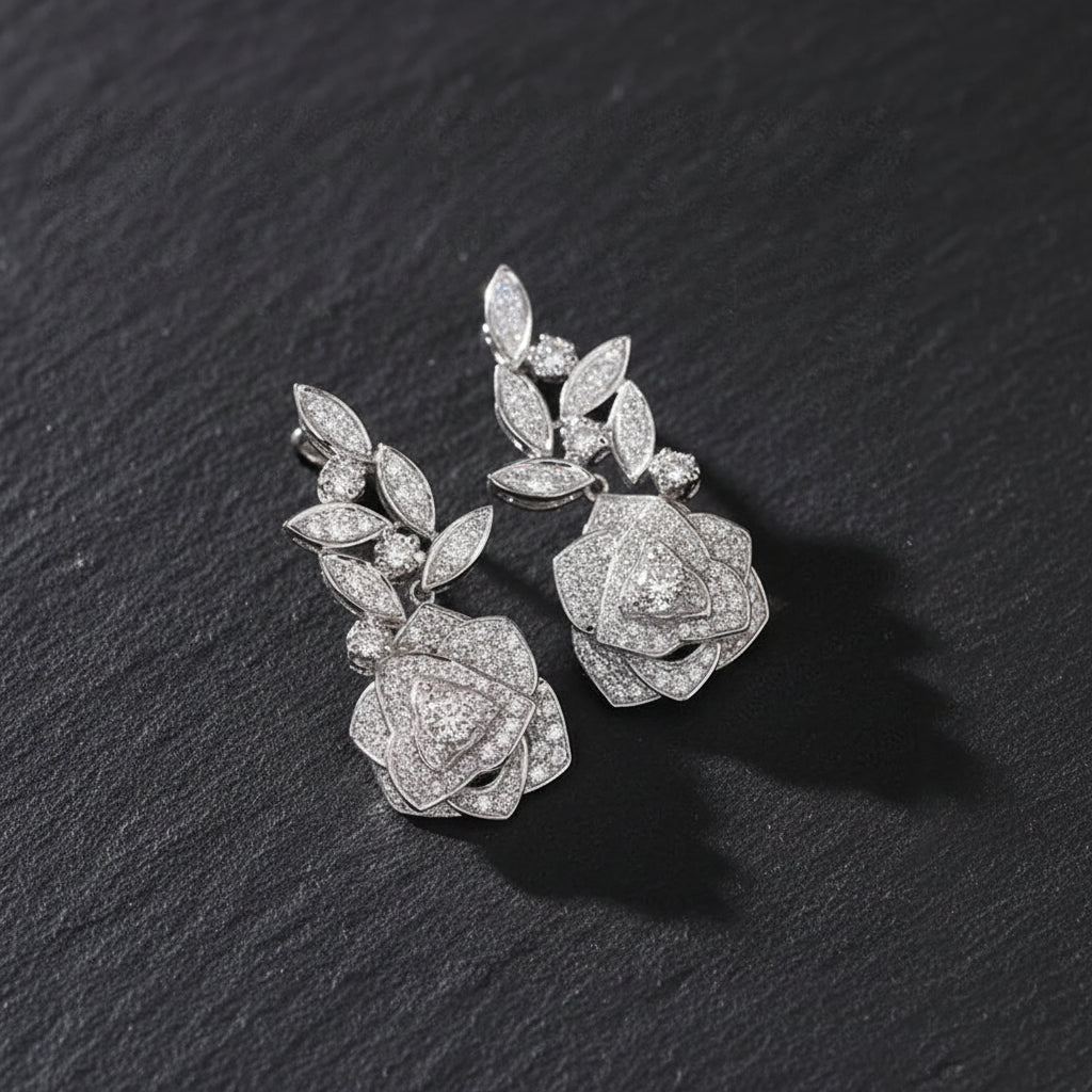 925 Sterling Silver Rose & Leaves Cubic Zirconia Women's Floral Drop Earrings