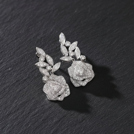 925 Sterling Silver Rose & Leaves Cubic Zirconia Women's Floral Drop Earrings