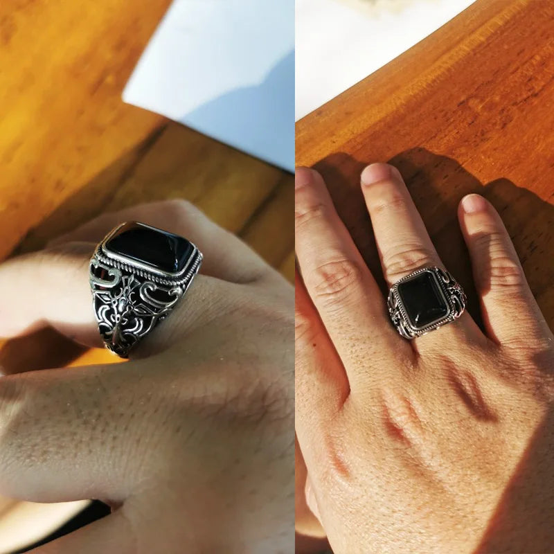 Men's S925 Sterling Silver Vintage Natural Black Onyx Square Hollow Cut Engraved Cross Ring