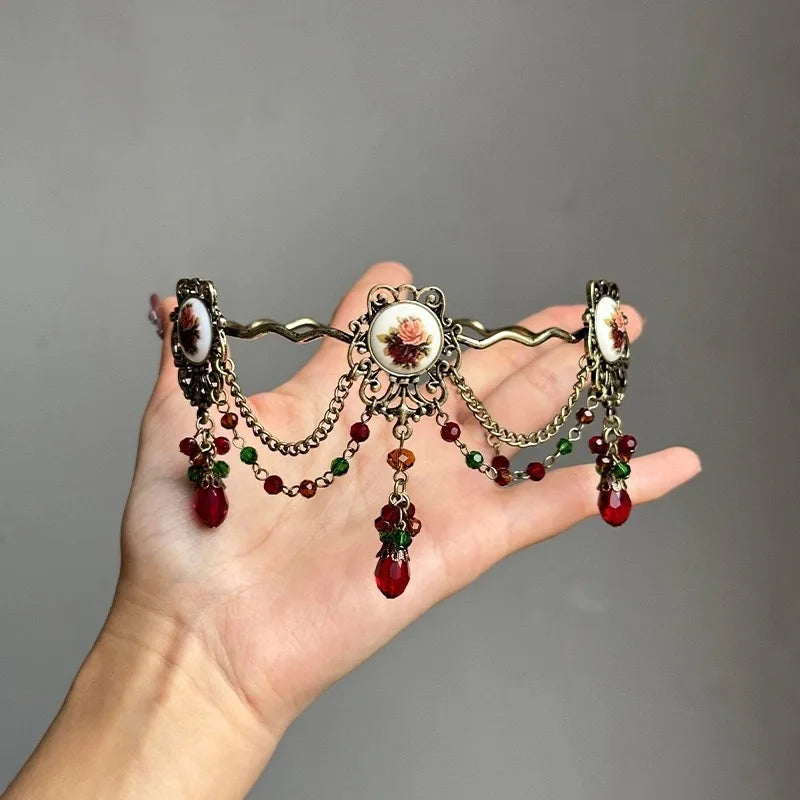 Vintage Edwardian Baroque Choker – Women’s Floral Cameo Medallion Necklace with Gemstone Tassels