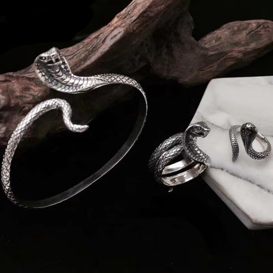 S925 Sterling Silver Punk Goth King Cobra Snake Unisex Cuff Bangle or Ring - Lovez Aqua© -