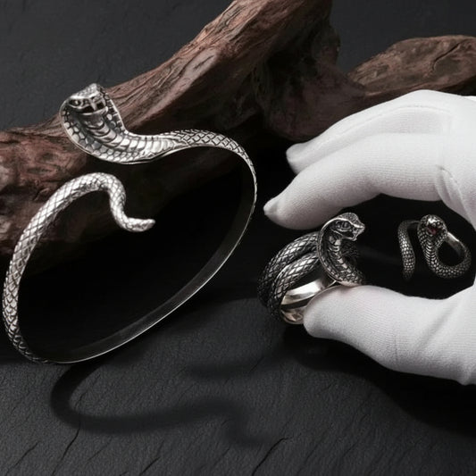 S925 Sterling Silver Punk Goth King Cobra Snake Unisex Cuff Bangle or Ring - Lovez Aqua© -