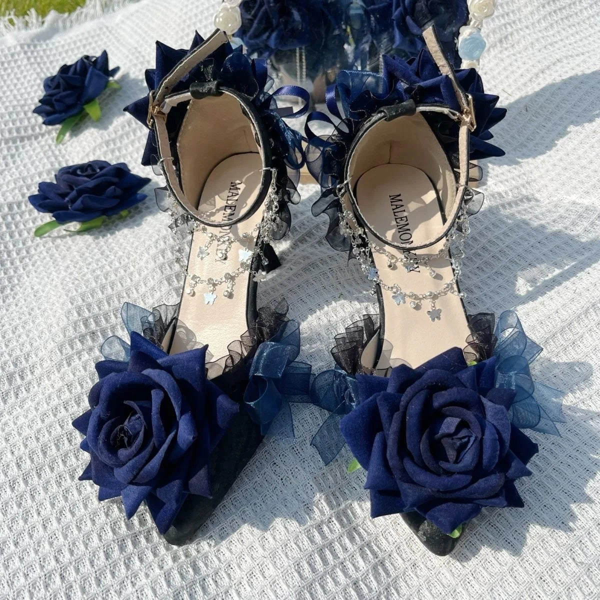 Gothic Dark Blue Rose Faux Leather Women's Pumps with Low Heel & Silver Charms