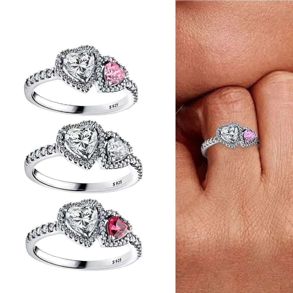 Pandora Replica Halo Hearts S925 Sterling Silver Double Heart Zircon Ring - Pandora -