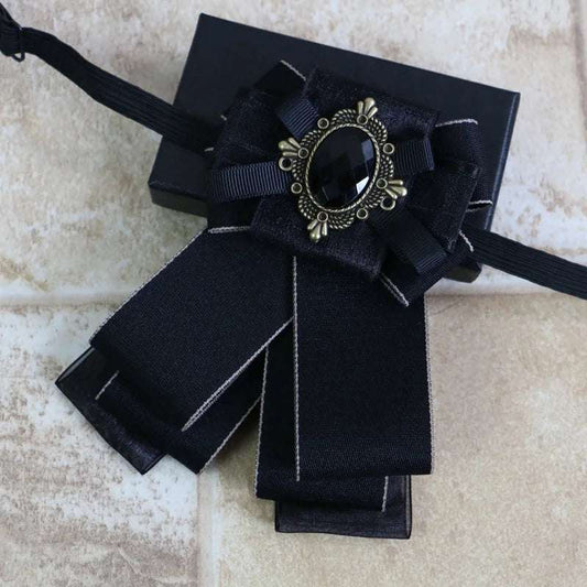 Vintage Baroque Men's Formal Ribbon Bowtie with Filigree Cabochon Rhinestone - Lovez Aqua© - 11