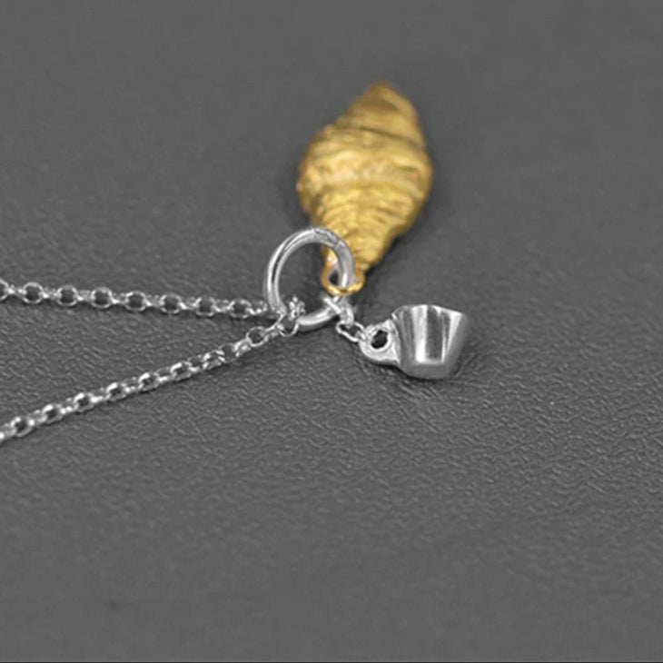 S925 Silver Two Tone 3D Gold Croissant & Tea Cup Women's Pendant Charm - Lovez Aqua© -