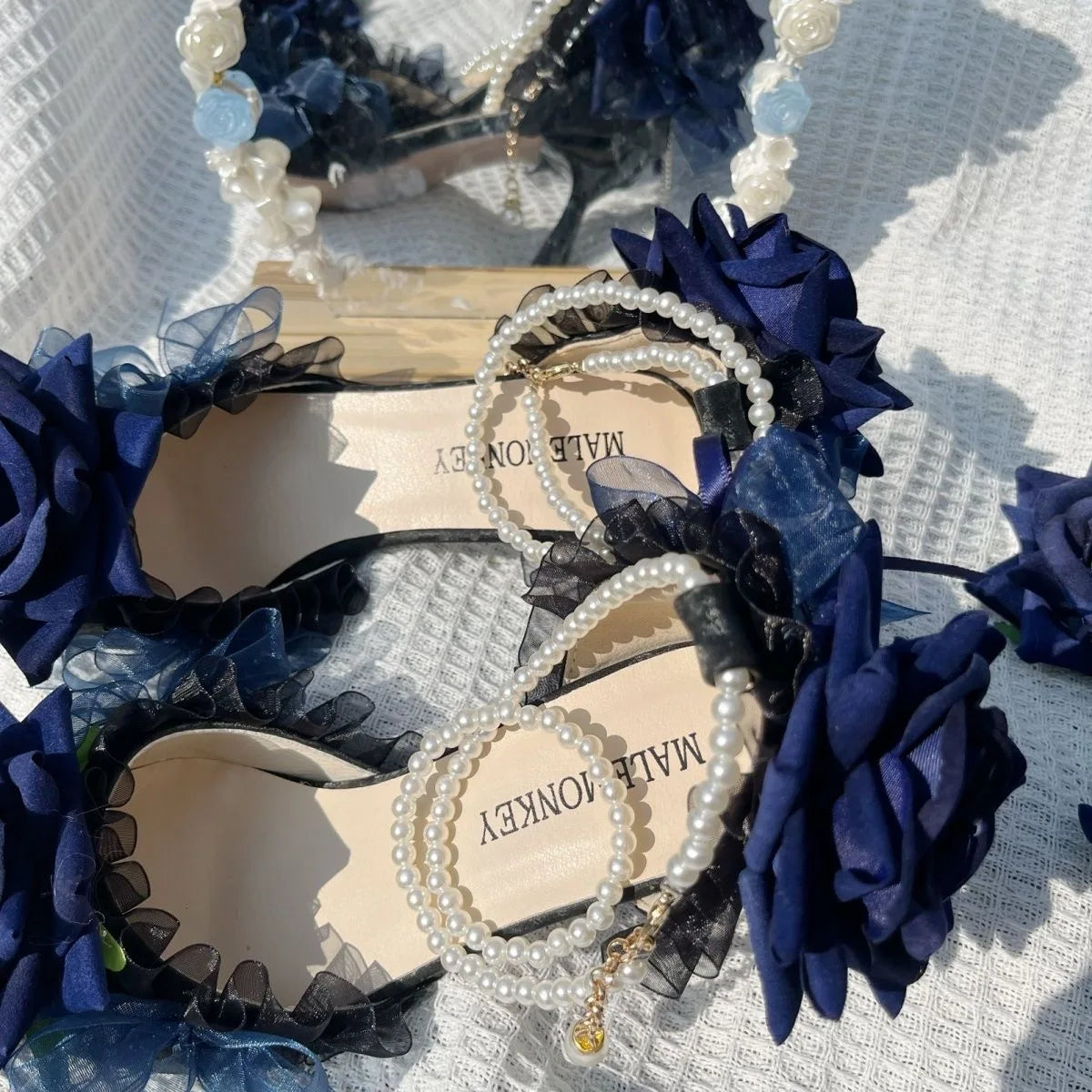 Gothic Dark Blue Rose Faux Leather Women's Pumps with Low Heel & Silver Charms