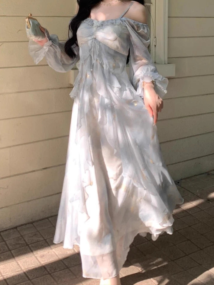 Ethereal Flowing Pastel Blue Dress with Ruffled Long Sleeves & Gold Accents - Lovez Aqua© -