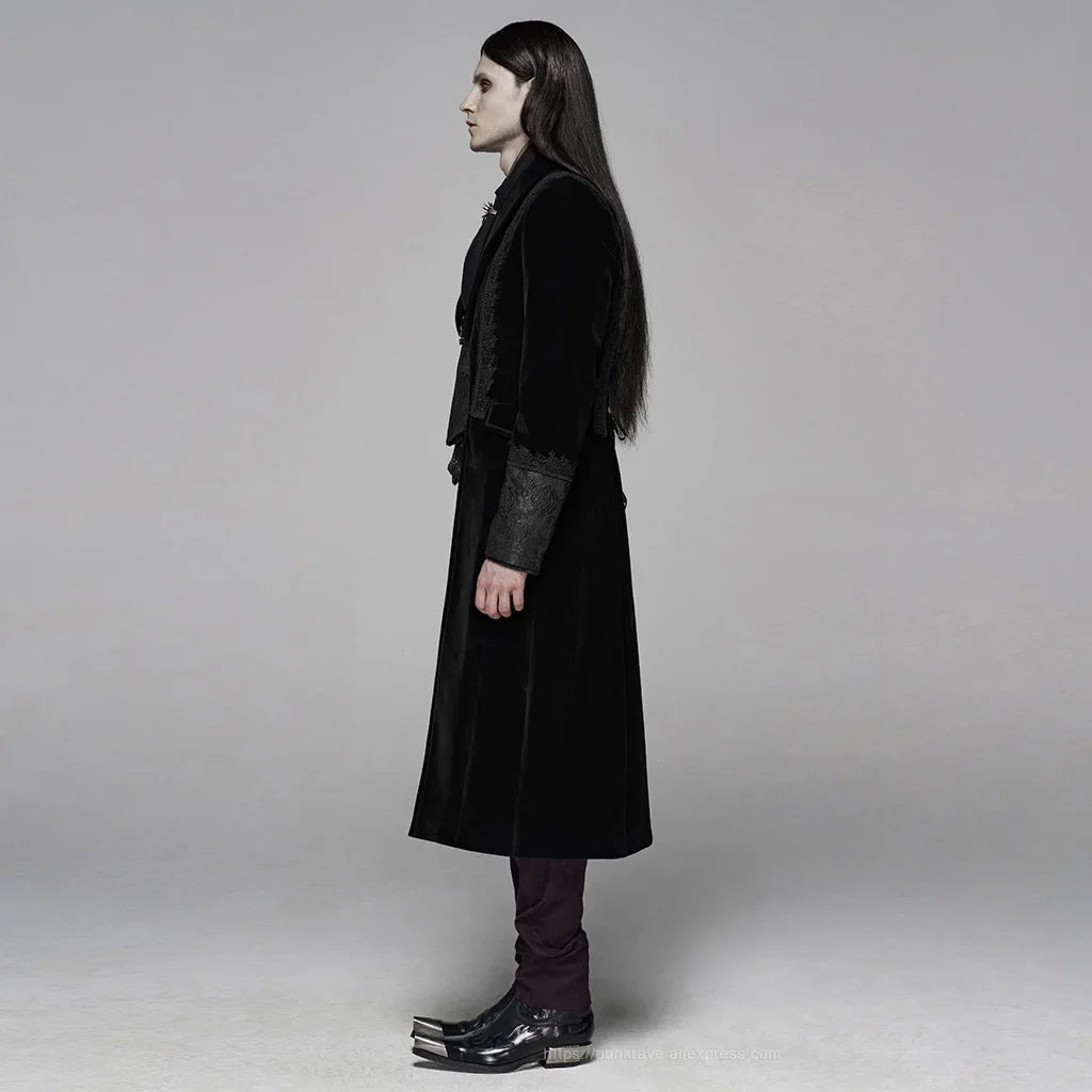 Men’s Gothic Renaissance Velvet Jacquard Slim-Fit Medium-Length Aristocrat Coat