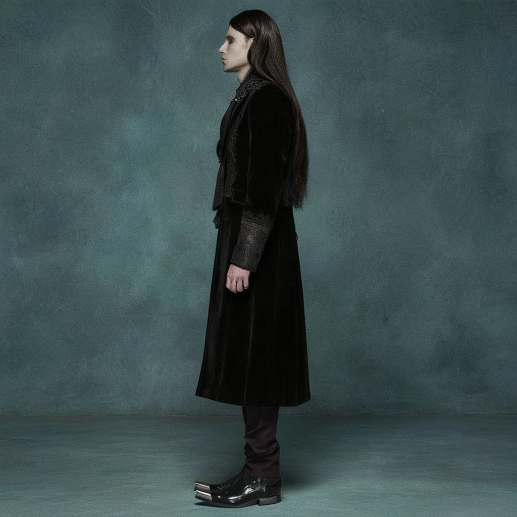 Men’s Gothic Renaissance Velvet Jacquard Slim-Fit Medium-Length Aristocrat Coat