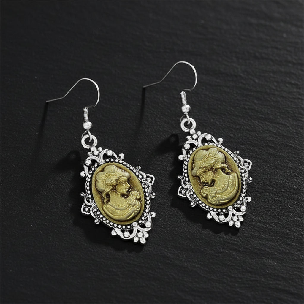 Women's Victorian Cameo Antique Portrait Edwardian Silver Filigree Drop Earrings