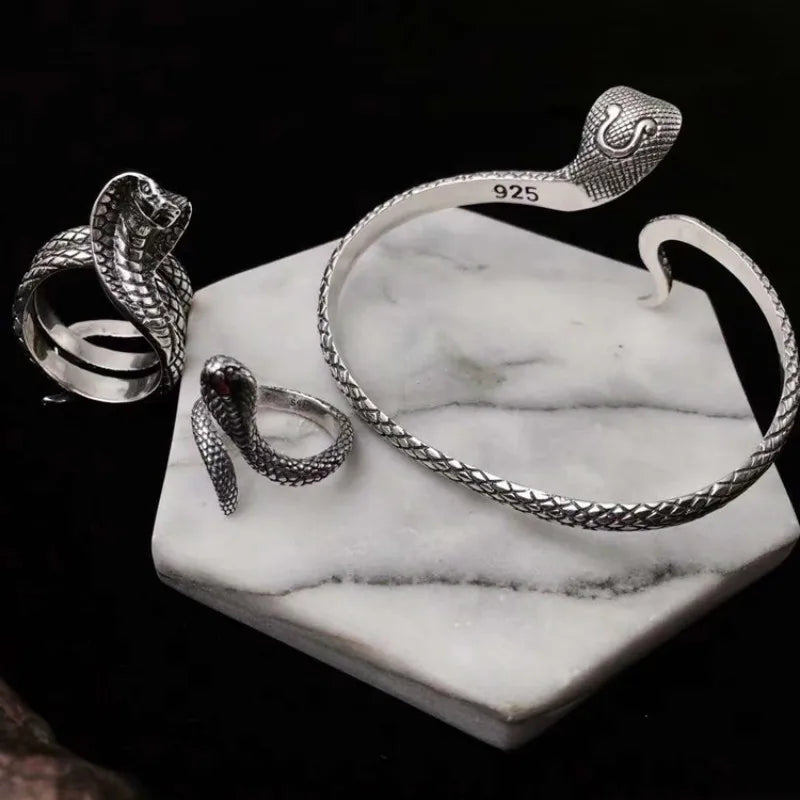 S925 Sterling Silver Punk Goth King Cobra Snake Unisex Cuff Bangle or Ring - Lovez Aqua© -