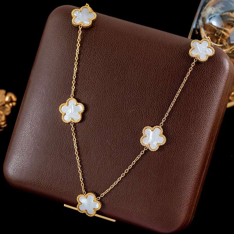 Luxury Black & Gold Five Leaf Clover Flower Necklace, Bracelet & Earrings Set - Lovez Aqua© - White Necklace