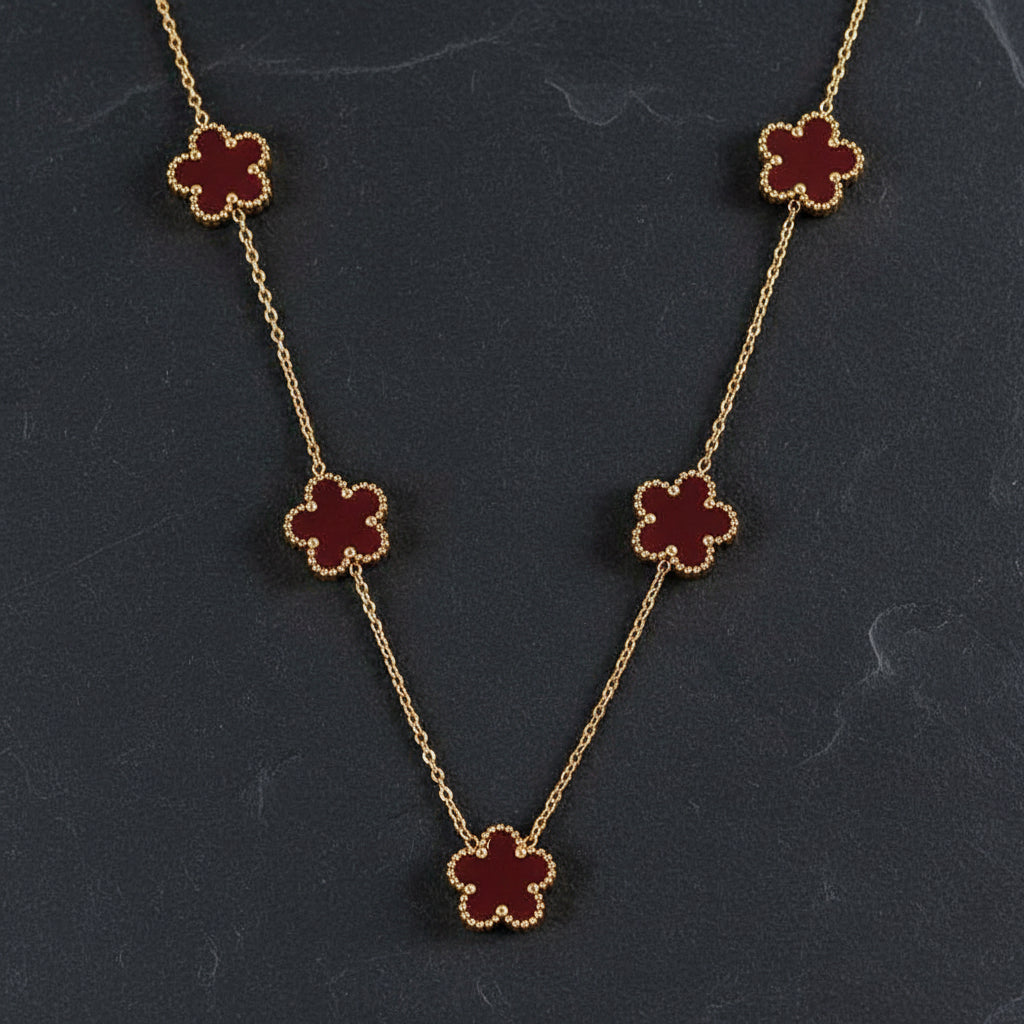 Luxury Black & Gold Five Leaf Clover Flower Necklace, Bracelet & Earrings Set - Lovez Aqua© - Red Necklace