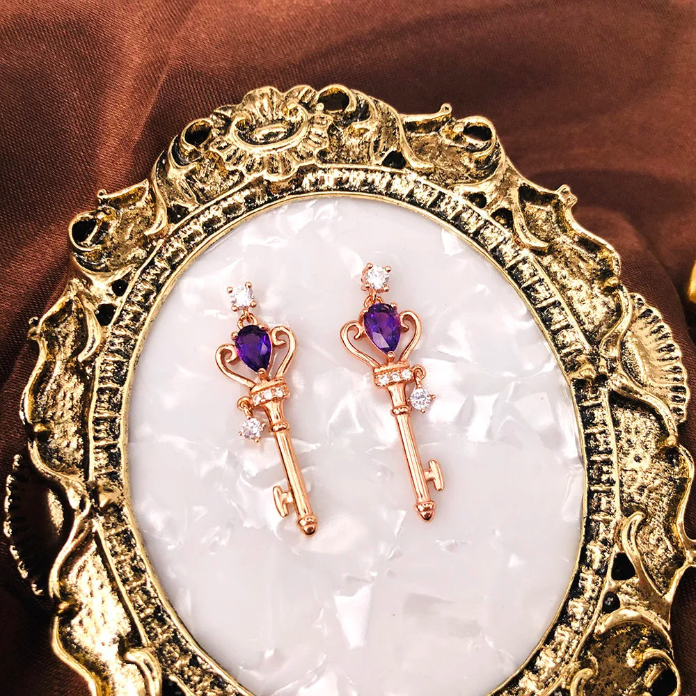 Edwardian Crown Key Natural Teardrop Amethyst Sterling Silver Baroque Earrings