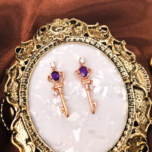 Edwardian Crown Key Natural Teardrop Amethyst Sterling Silver Baroque Earrings