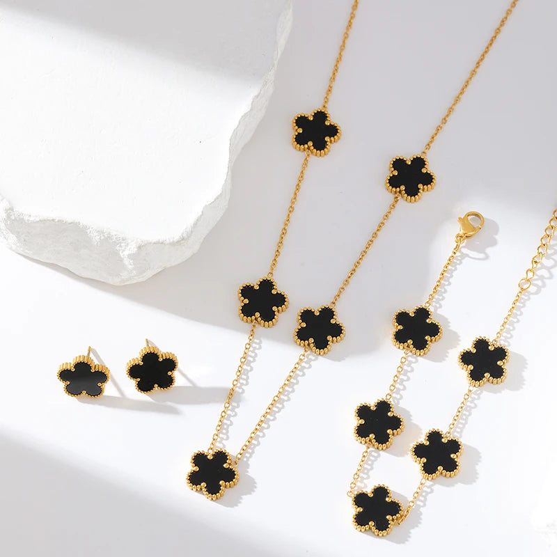 Luxury Black & Gold Five Leaf Clover Flower Necklace, Bracelet & Earrings Set - Lovez Aqua© -