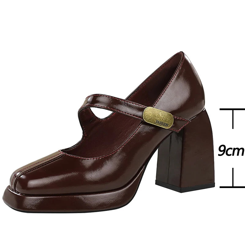Vintage Women's Block Heel Mary Jane Retro Chunky Heel Pumps with Gold Buckle