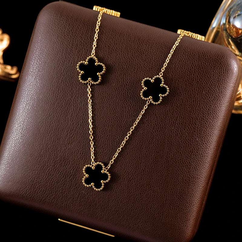 Luxury Black & Gold Five Leaf Clover Flower Necklace, Bracelet & Earrings Set - Lovez Aqua© - Black Necklace