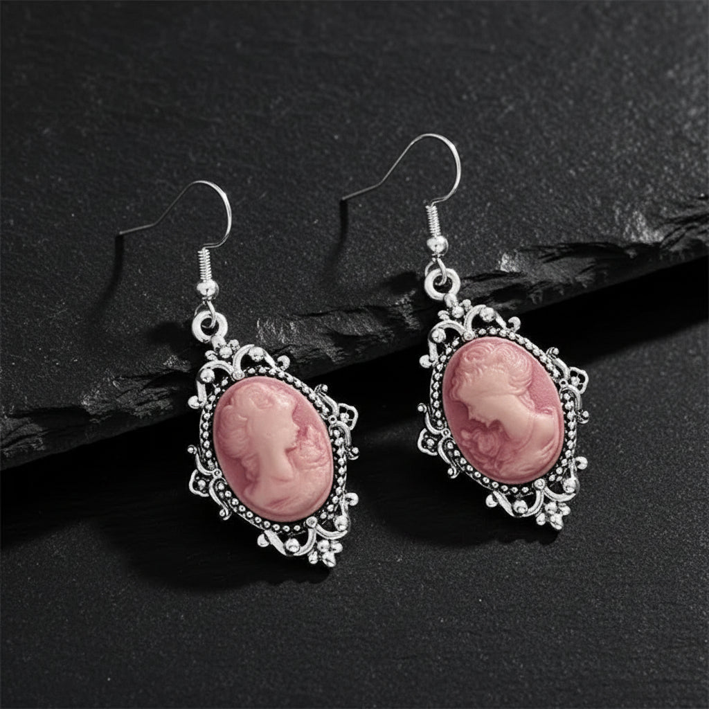 Women's Victorian Cameo Antique Portrait Edwardian Silver Filigree Drop Earrings