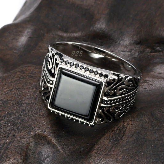 Men's Vintage S925 Sterling Silver Engraved Natural Onyx Stone Square Ring