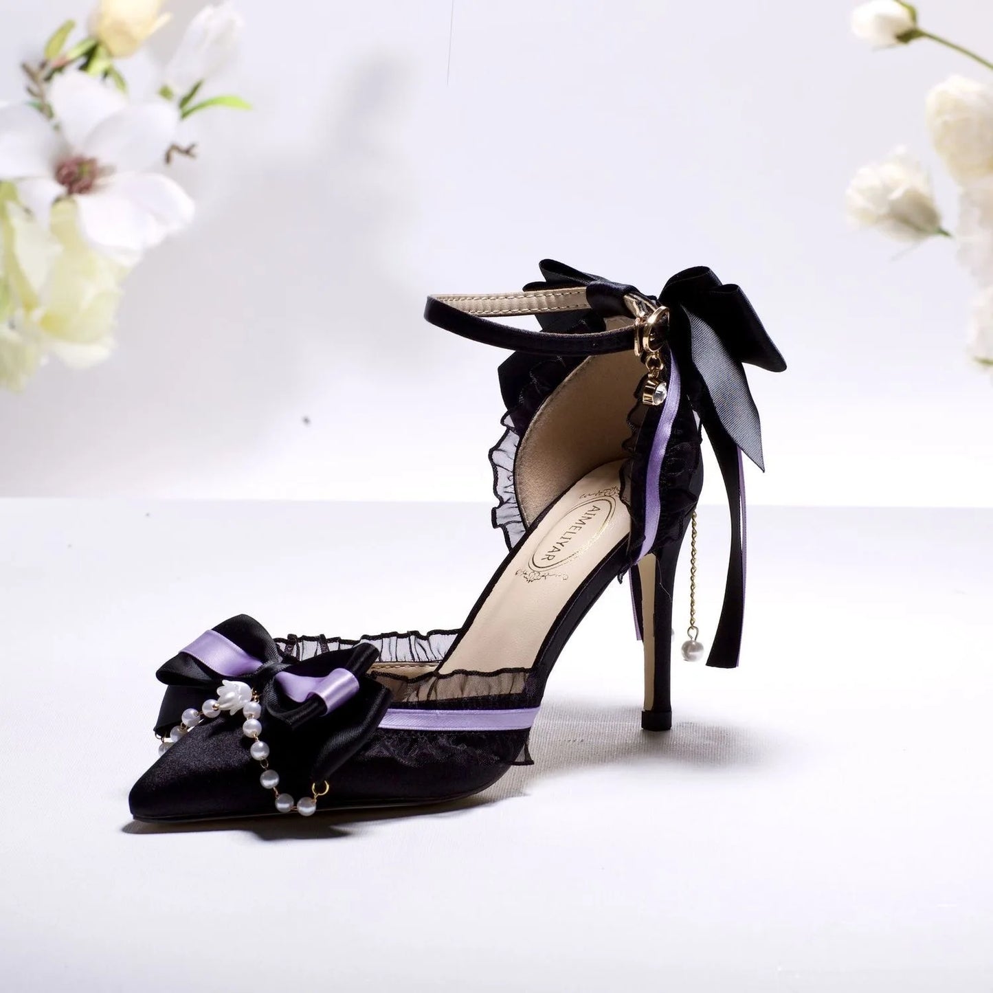 Women's Black & Purple Satin High Heels with Lace, Bow & Pearl Embellishments