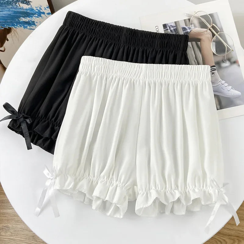 Women's Vintage Ruffled Silk Mid-Length Bloomers Panties with Bow Detail