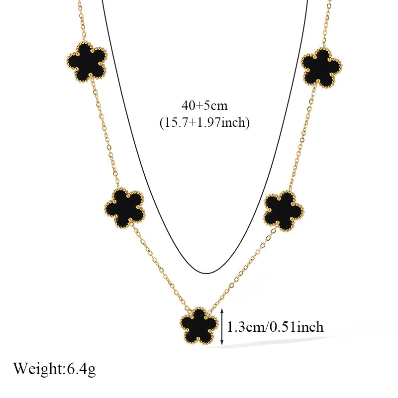 Luxury Black & Gold Five Leaf Clover Flower Necklace, Bracelet & Earrings Set - Lovez Aqua© -