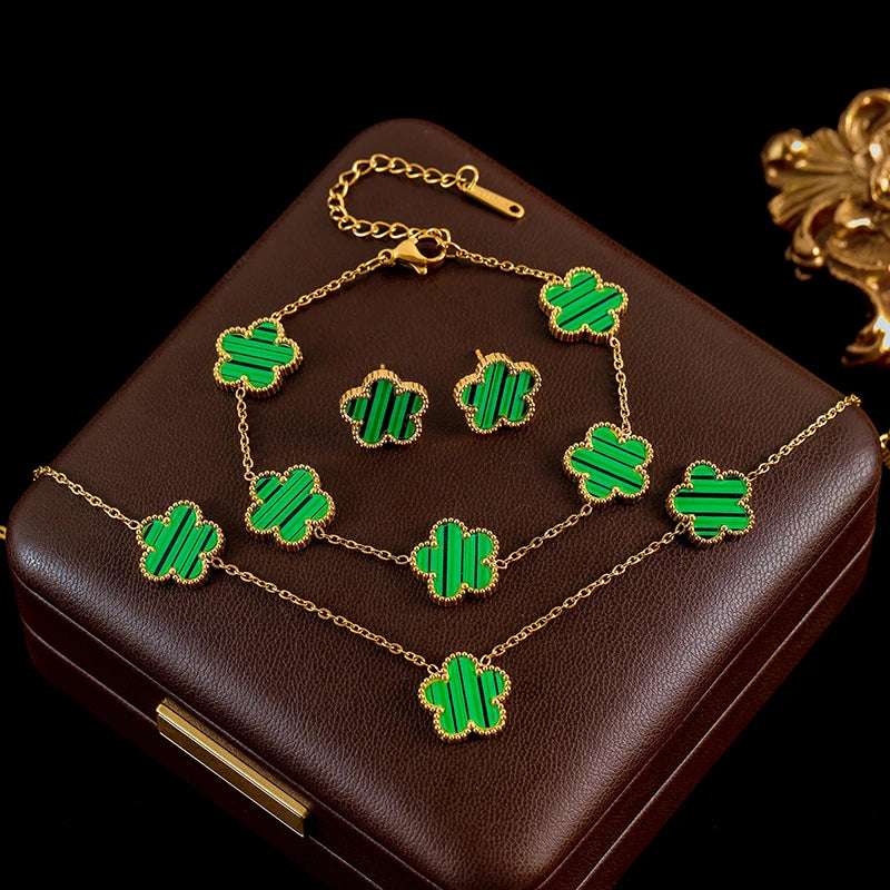Luxury Black & Gold Five Leaf Clover Flower Necklace, Bracelet & Earrings Set - Lovez Aqua© - Green Set