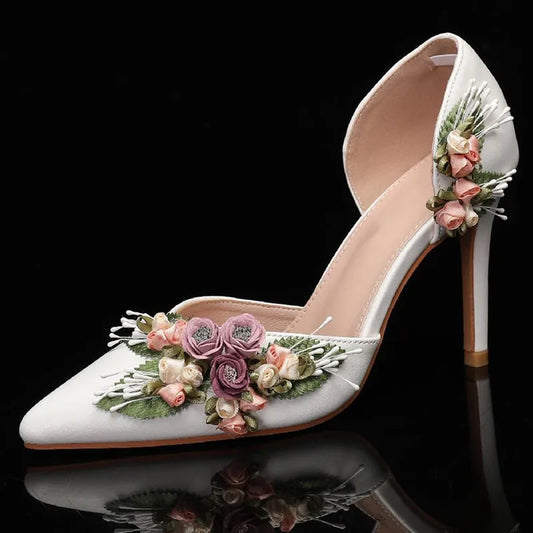 Women's Spring Wedding Floral Bouquet Satin Mary Jane High Heel Pumps