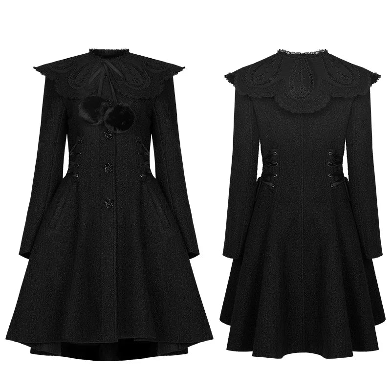 Women's Gothic Woolen Jacquard Slim Fit Winter Coat with Faux Fur Collar & Retro Rose Buttons