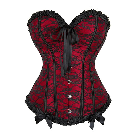 Gothic Victorian Floral Jacquard Boned Bustier Corset Top with Satin Trim