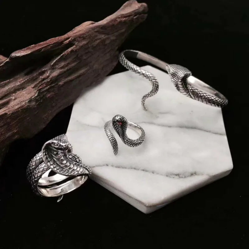 S925 Sterling Silver Punk Goth King Cobra Snake Unisex Cuff Bangle or Ring - Lovez Aqua© -
