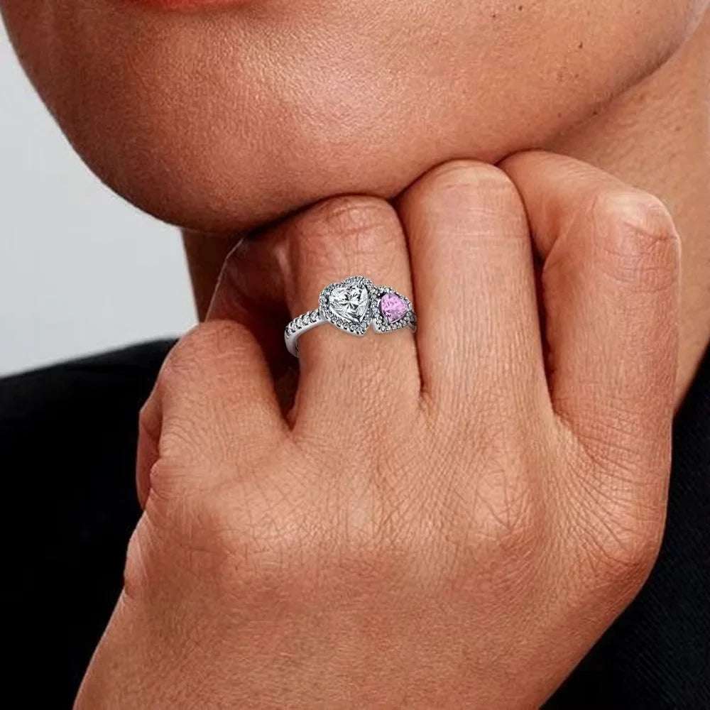 Pandora Replica Halo Hearts S925 Sterling Silver Double Heart Zircon Ring - Pandora -