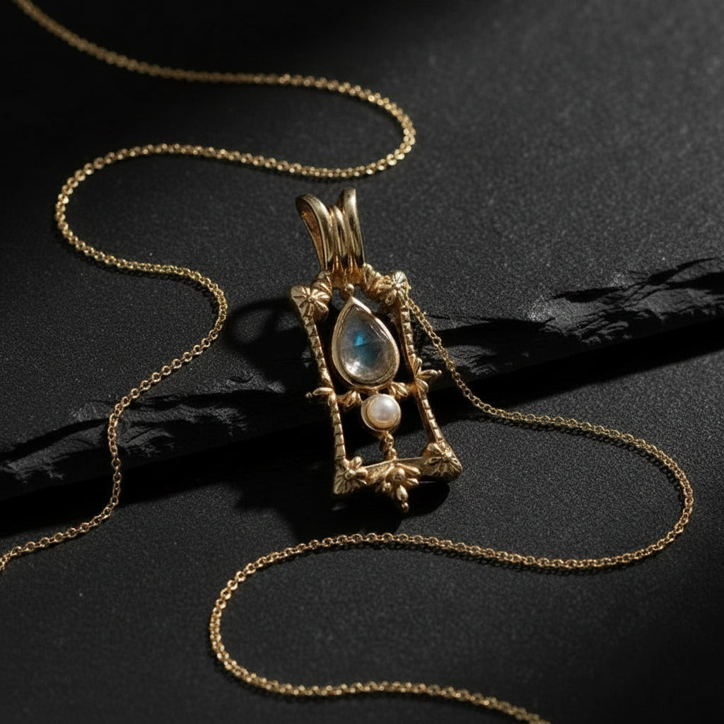 Vintage Baroque 925 Sterling Silver, Natural Labradorite & Pearl Women's Pendant Necklace