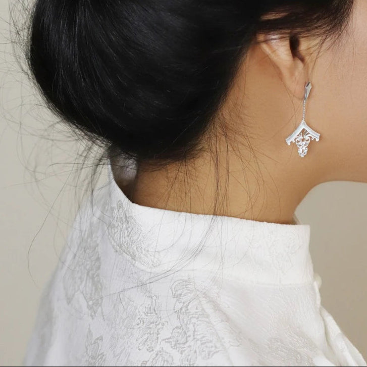 925 Sterling Silver & Mother of Pearl Chinese House Architecture Dangle Earrings - Lovez Aqua© -