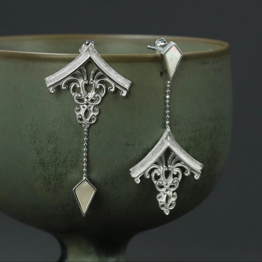 925 Sterling Silver & Mother of Pearl Chinese House Architecture Dangle Earrings - Lovez Aqua© -