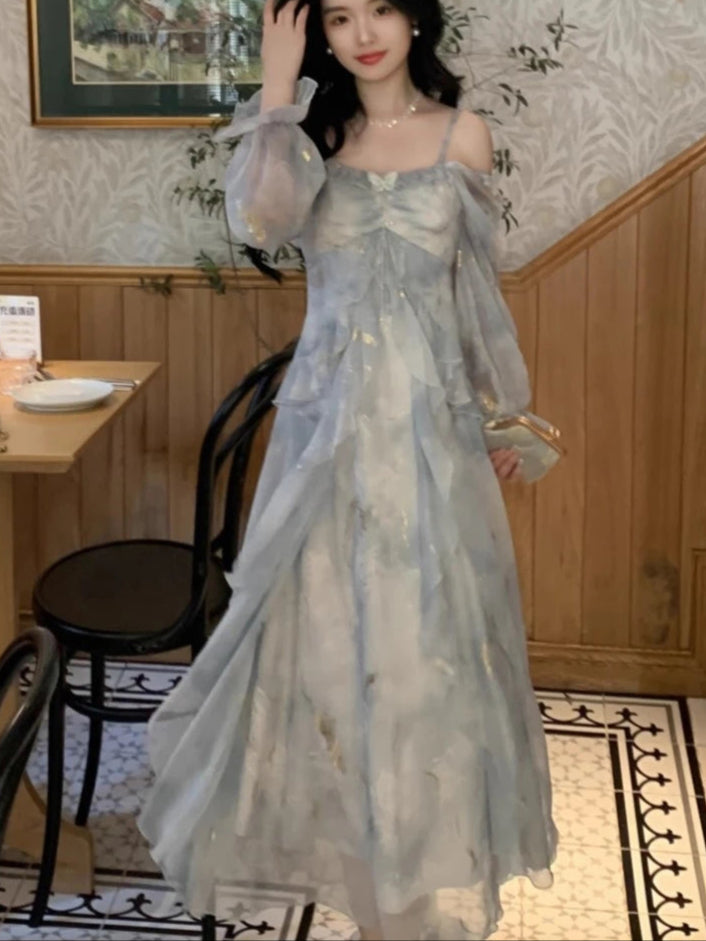 Ethereal Flowing Pastel Blue Dress with Ruffled Long Sleeves & Gold Accents - Lovez Aqua© -