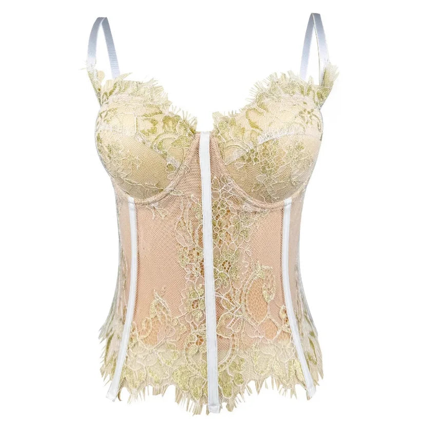 Gothic Floral Lace Women's Overbust Boned Corset Top with Sheer Mesh