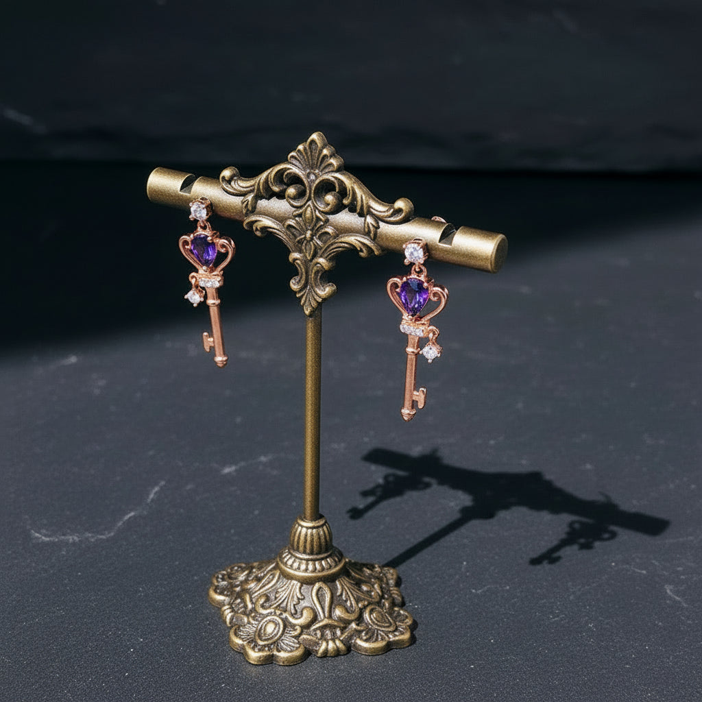 Edwardian Crown Key Natural Teardrop Amethyst Sterling Silver Baroque Earrings