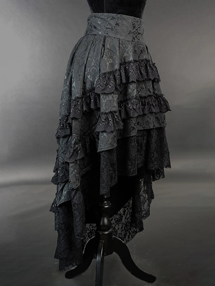 Victorian Gothic High-Low Women's Black Tiered Layered Jacquard Lace Corset Skirt