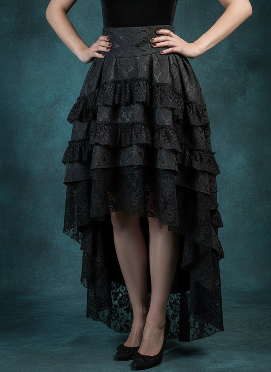 Victorian Gothic High-Low Women's Black Tiered Layered Jacquard Lace Corset Skirt