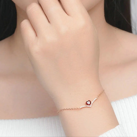 Exquisite Red Garnet Heart 925 Sterling Silver & Rose Gold Women's Vintage V-Shaped Bracelet