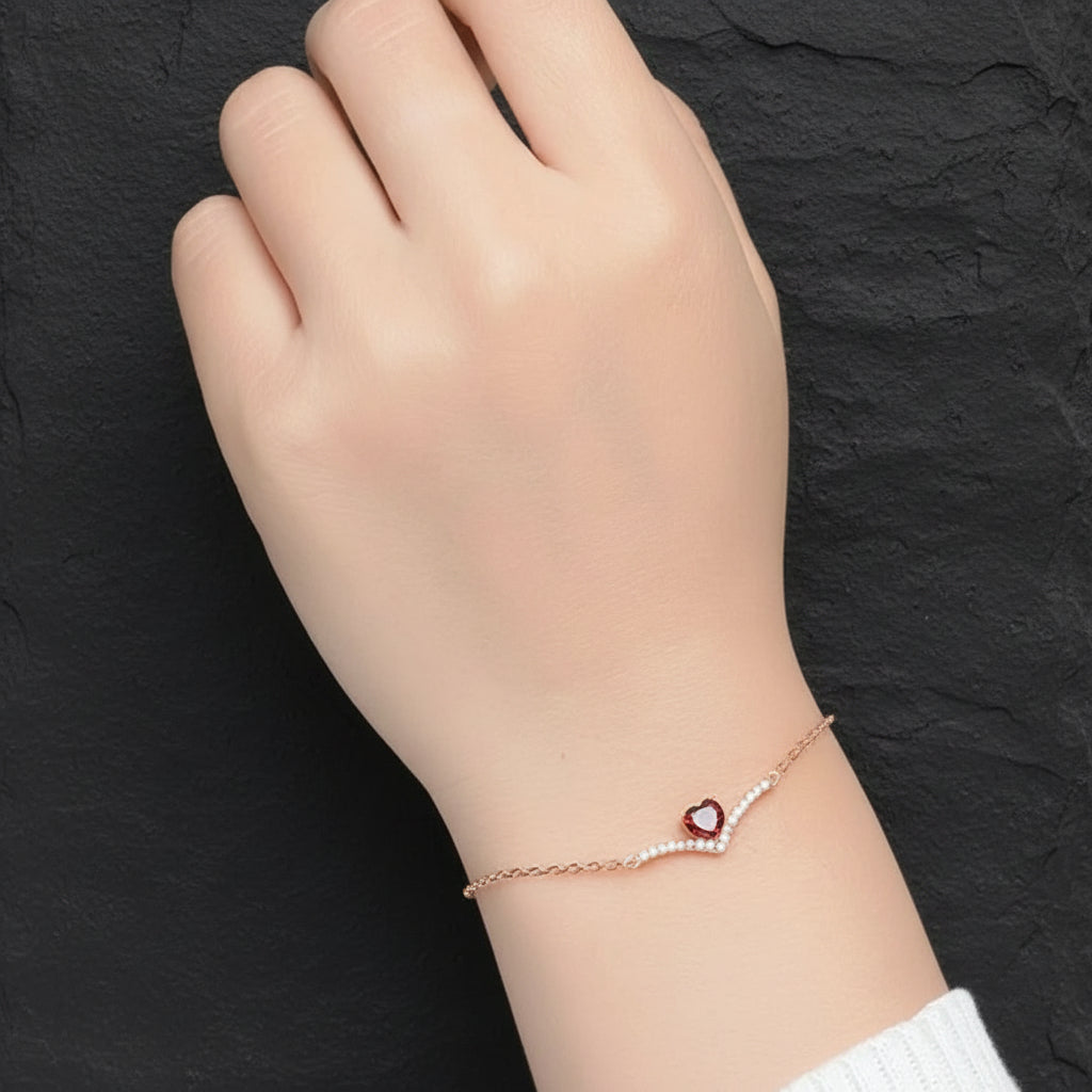 925 Sterling Silver & Rose Gold Red Garnet Heart Women's Vintage V-Shaped Bracelet