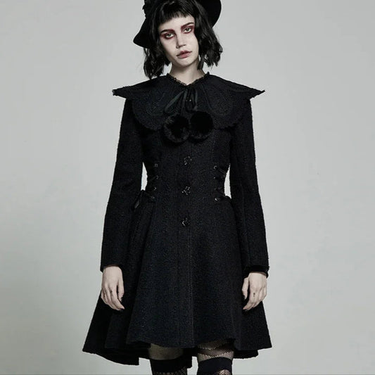 Women's Gothic Woolen Jacquard Slim Fit Winter Coat with Faux Fur Collar & Retro Rose Buttons