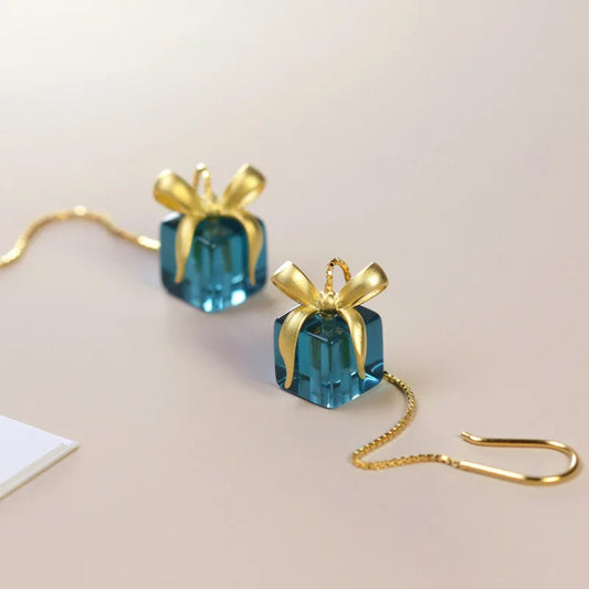 925 Sterling Silver Colorful Crystal Glass Christmas Presents Dangle Earrings - Lovez Aqua© -