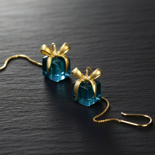 925 Sterling Silver Colorful Crystal Glass Christmas Presents Dangle Earrings - Lovez Aqua© -