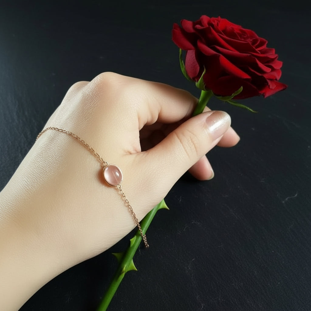 925 Sterling Silver Oval Rose Quartz 18K Gold Plated Women's Vintage Bracelet