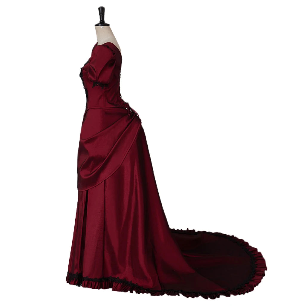 Gothic Victorian Dark Red & Black Evening Gown with Lace Appliqué & Cap Sleeves