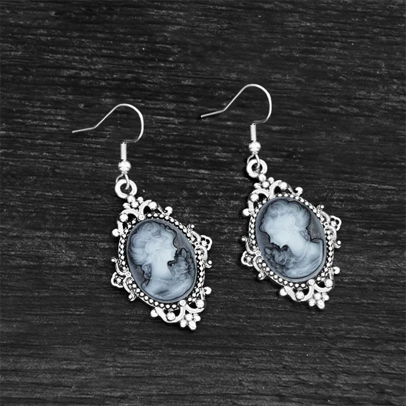 Women's Victorian Cameo Antique Portrait Edwardian Silver Filigree Drop Earrings